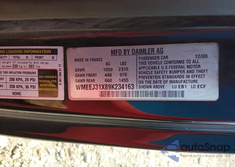 2009 Smart Fortwo Brabus/Passion/Pure из США, поврежденный, VIN WMEEJ31X89K234163